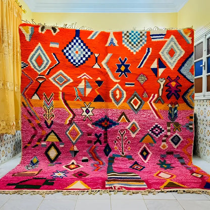 Handmade beni ouarain orange & pink rug living room geometric decor