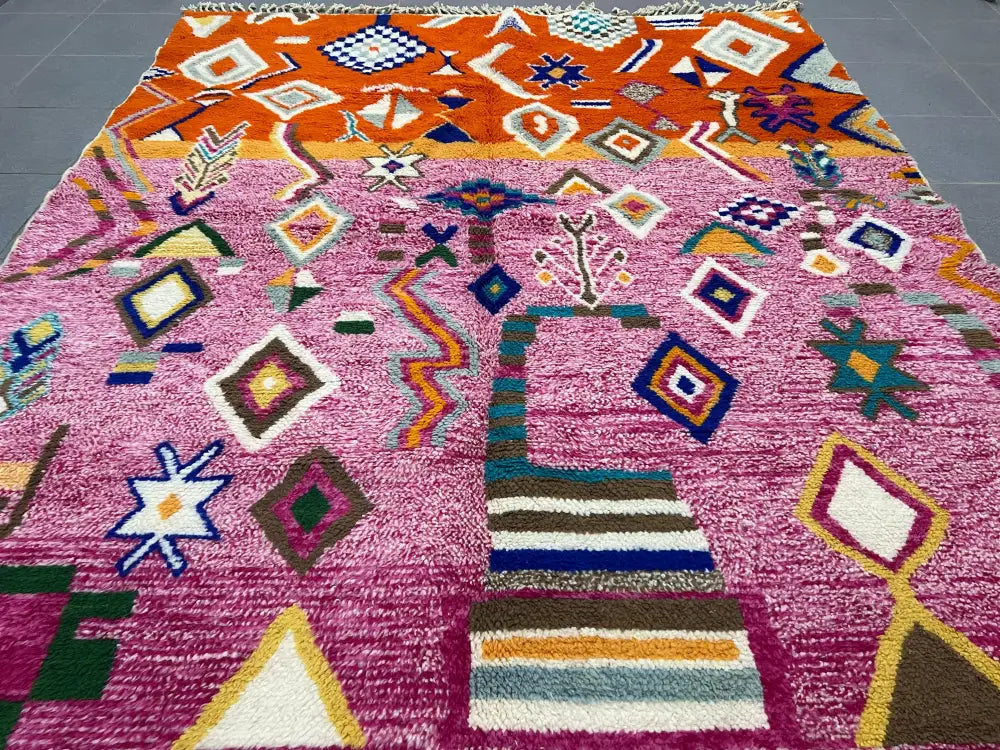 Handmade beni ouarain orange & pink rug living room geometric decor