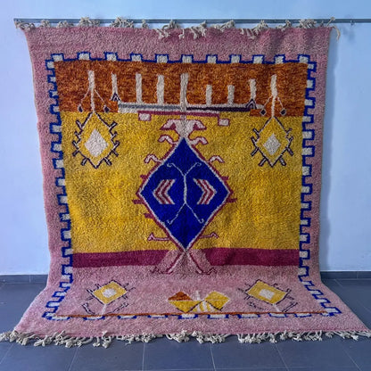 Pink & yellow moroccan handmade beni ouarain rug living room decor