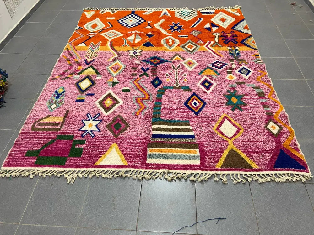Handmade beni ouarain orange & pink rug living room geometric decor