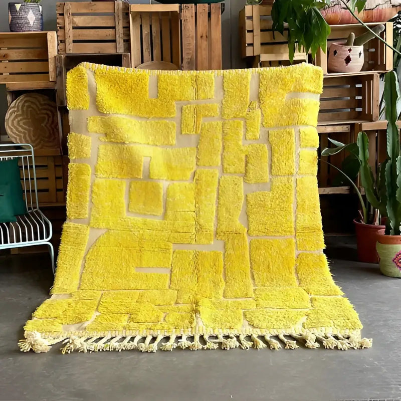 Handmade beni ouarain yellow & cream rug living room decor