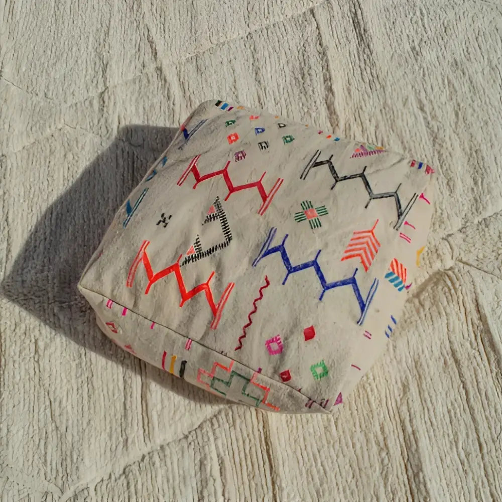 Moroccan handmade beniourain beige wool pouf living room decor