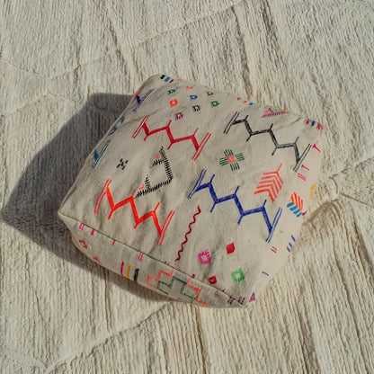 Moroccan handmade beniourain beige wool pouf living room decor