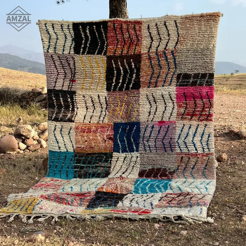 Colorful patchwork moroccan handmade boujaad rug living room decor