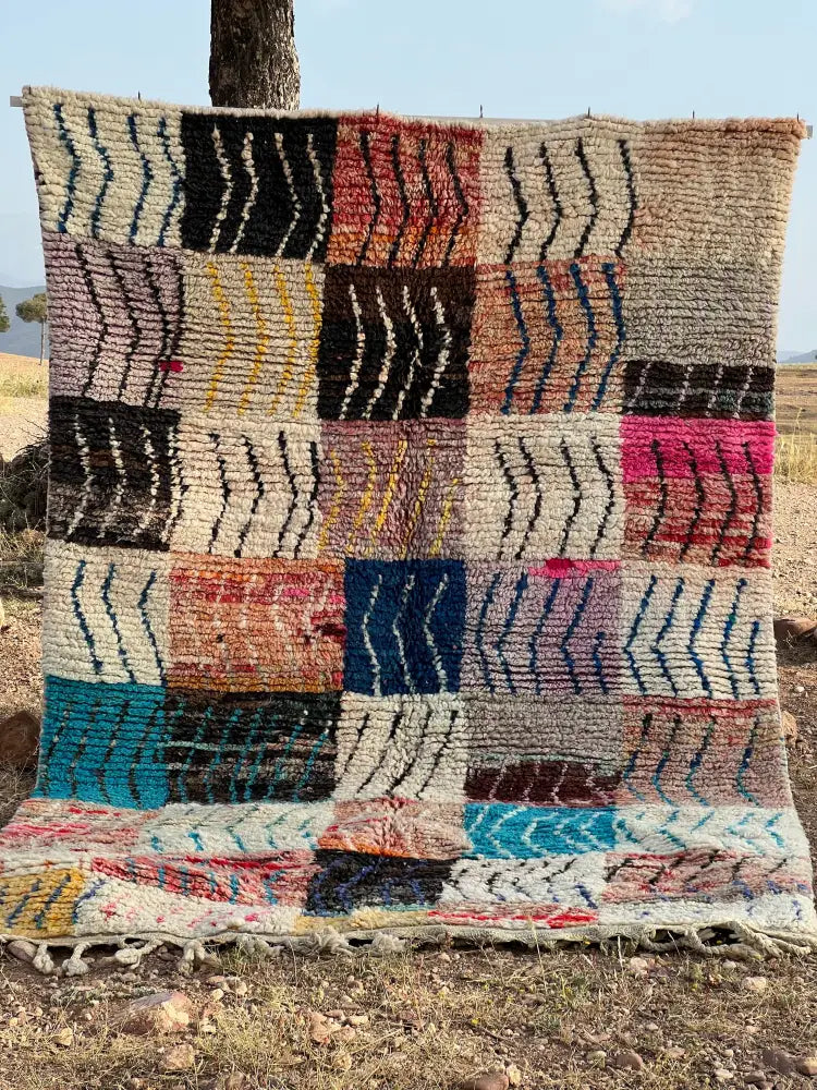 Colorful patchwork moroccan handmade boujaad rug living room decor
