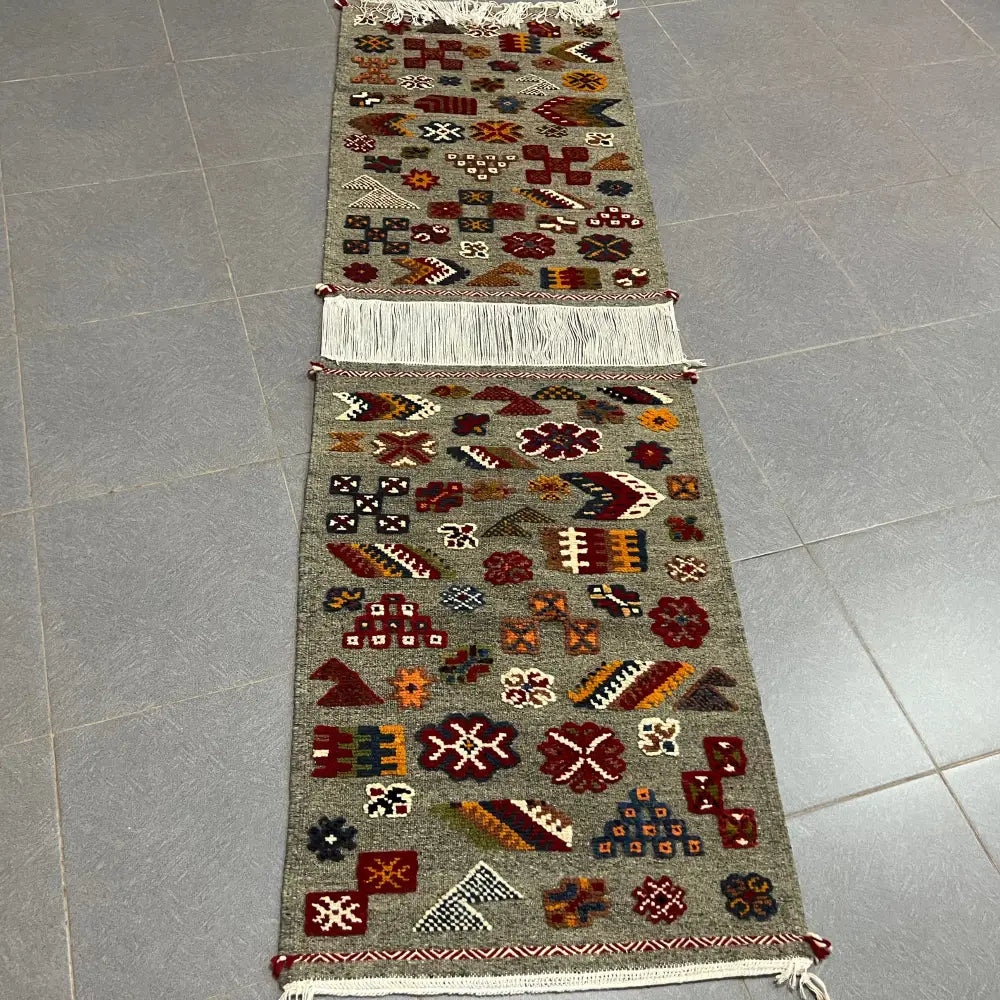 Moroccan handmade taznakht rug gray geometric runner for living room