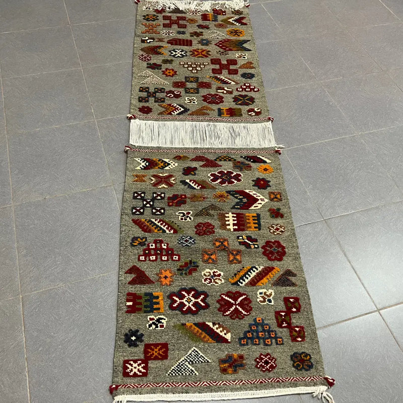Moroccan handmade taznakht rug gray geometric runner for living room