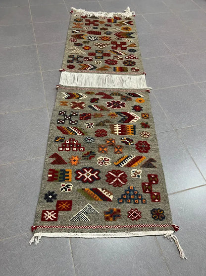 Moroccan handmade taznakht rug gray geometric runner for living room