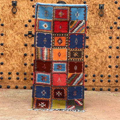 Vibrant patchwork moroccan handmade taznakht rug bedroom runner