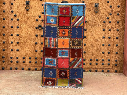 Vibrant patchwork moroccan handmade taznakht rug bedroom runner