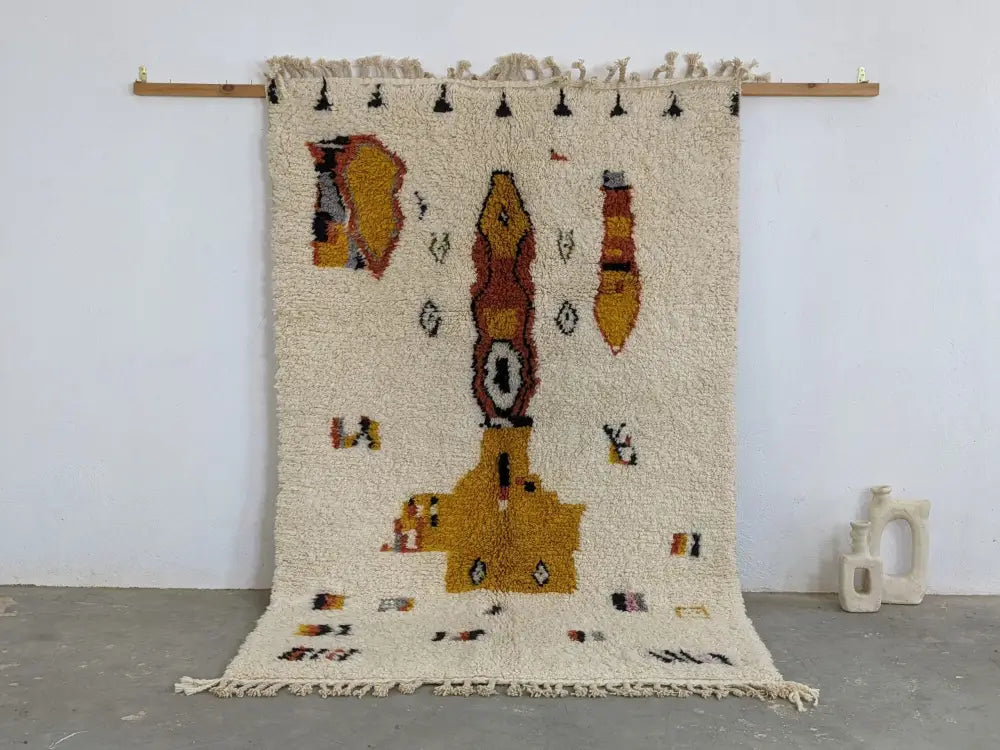Handmade moroccan azilal carpet cream & mustard living room rug