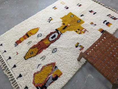 Handmade moroccan azilal carpet cream & mustard living room rug