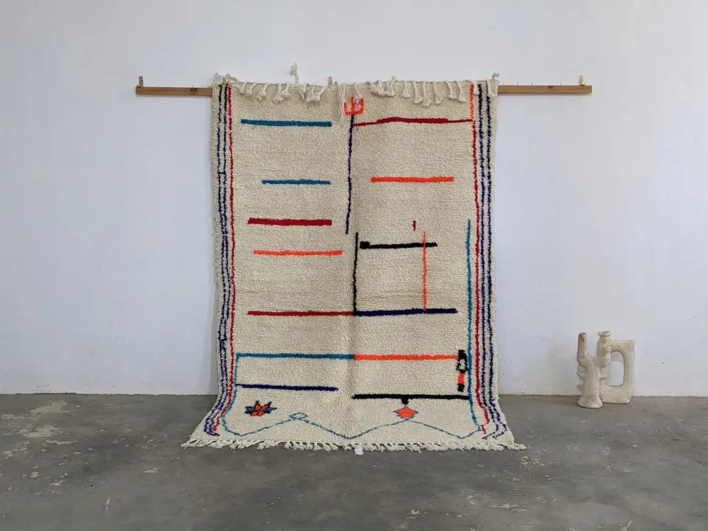 Handmade moroccan cream geometric pure natural wool rug bedroom