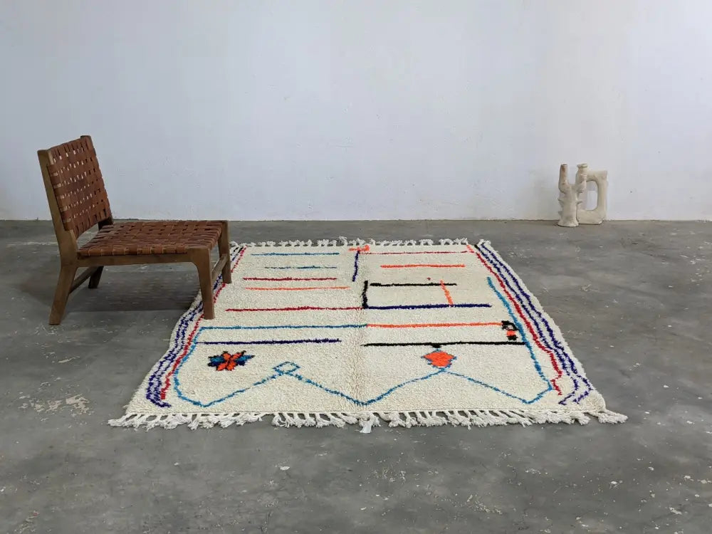 Handmade moroccan cream geometric pure natural wool rug bedroom