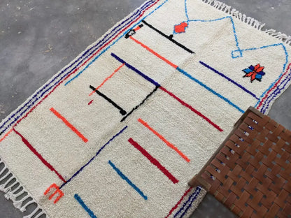 Handmade moroccan cream geometric pure natural wool rug bedroom