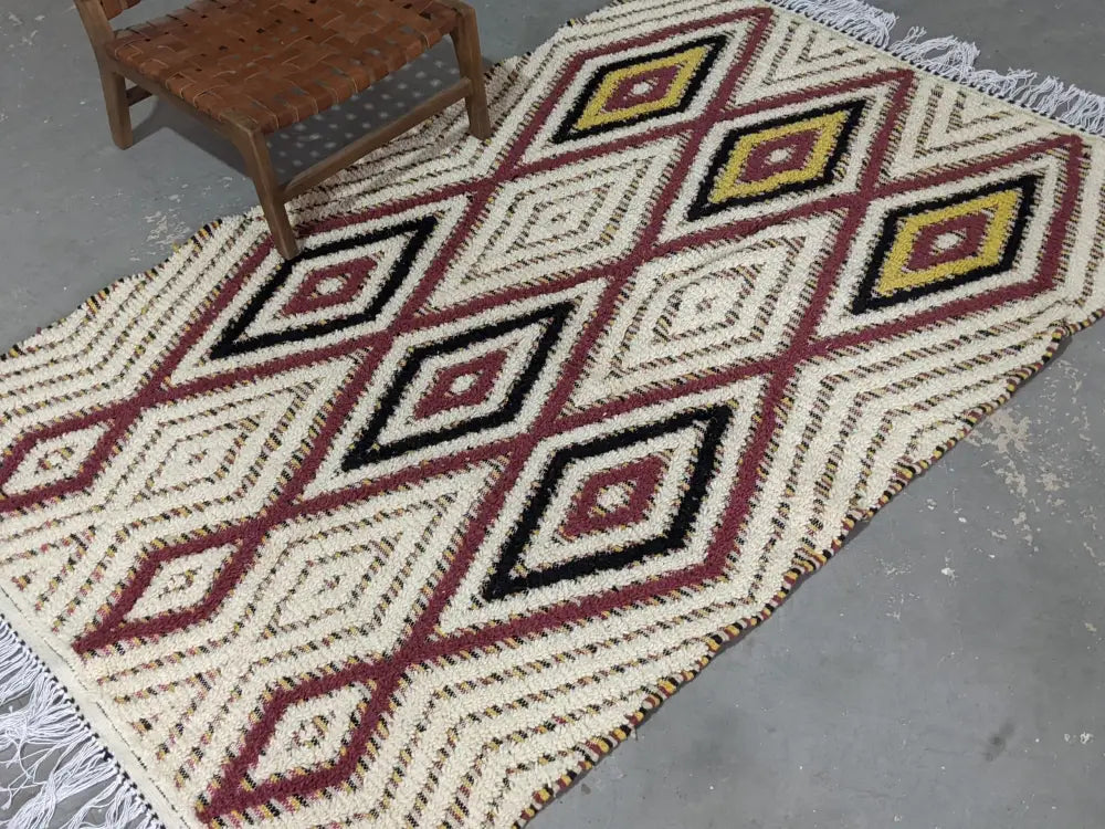 Handmade moroccan azilal rug beige & maroon living room carpet