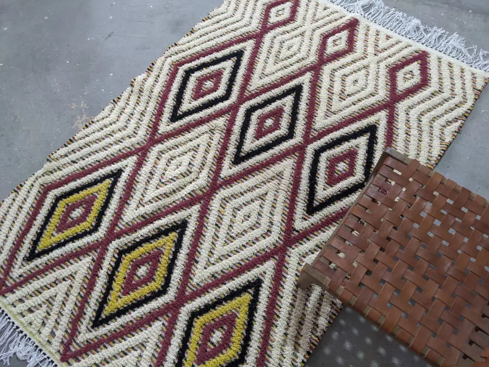 Handmade moroccan azilal rug beige & maroon living room carpet