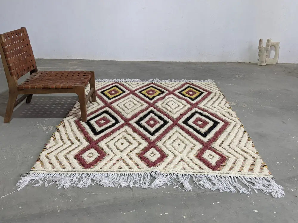Handmade moroccan azilal rug beige & maroon living room carpet