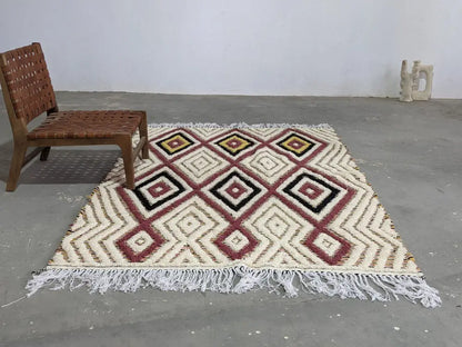 Handmade moroccan azilal rug beige & maroon living room carpet