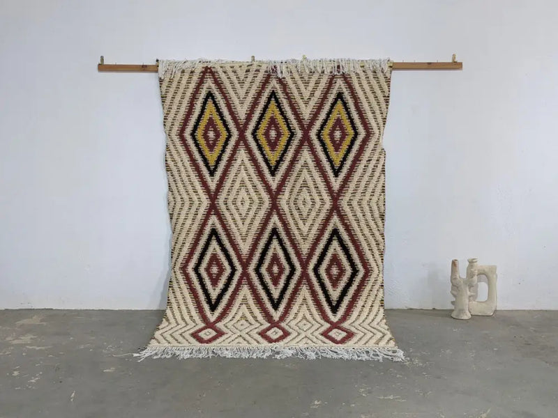 Handmade moroccan azilal rug beige & maroon living room carpet