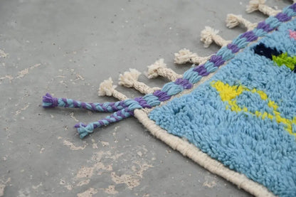 Blue geometric moroccan handmade azilal rug bedroom decor with tassels