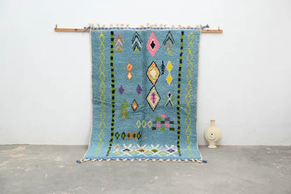 Blue geometric moroccan handmade azilal rug bedroom decor with tassels