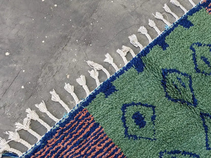 Handmade green moroccan wool rug living room teal diamond pattern