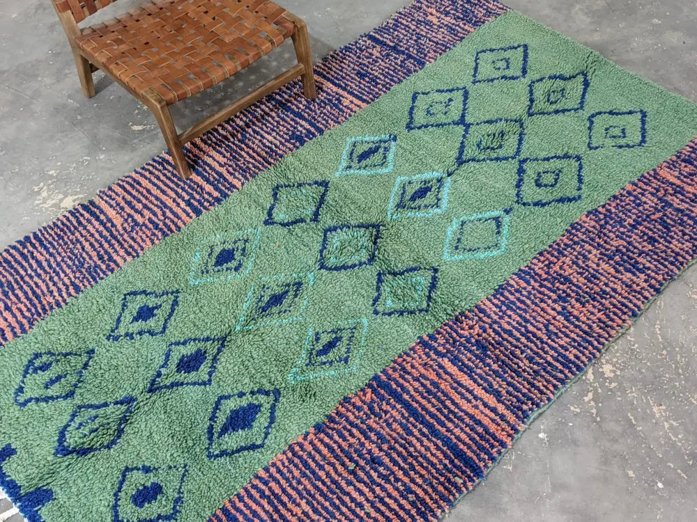 Handmade green moroccan wool rug living room teal diamond pattern