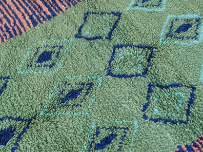 Handmade green moroccan wool rug living room teal diamond pattern