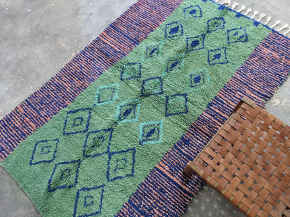 Handmade green moroccan wool rug living room teal diamond pattern