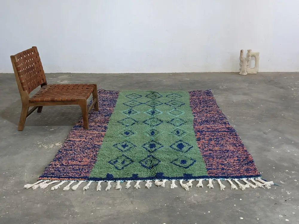Handmade green moroccan wool rug living room teal diamond pattern