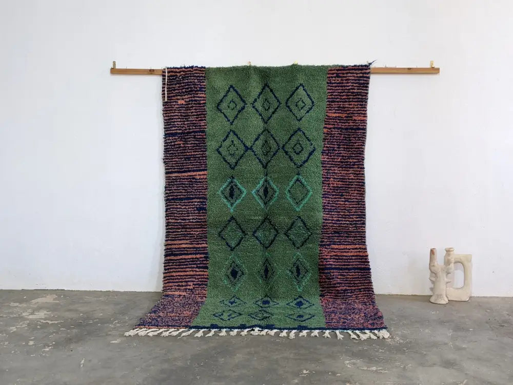 Handmade green moroccan wool rug living room teal diamond pattern