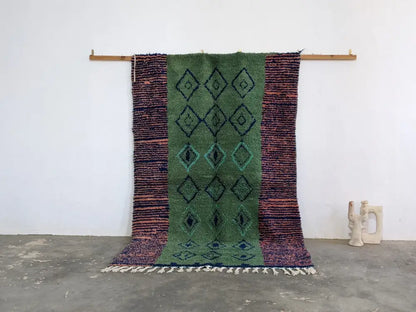 Handmade green moroccan wool rug living room teal diamond pattern