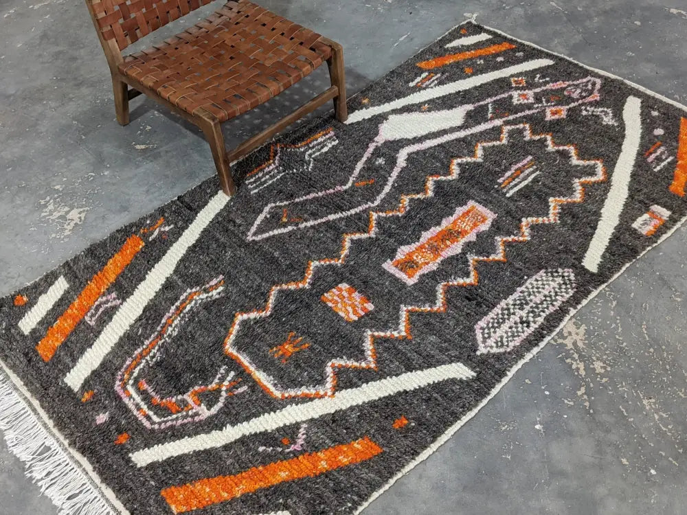 Moroccan handmade black & orange azilal wool rug bedroom decor