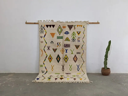 Handmade moroccan azilal rug beige geometric bedroom wool carpet