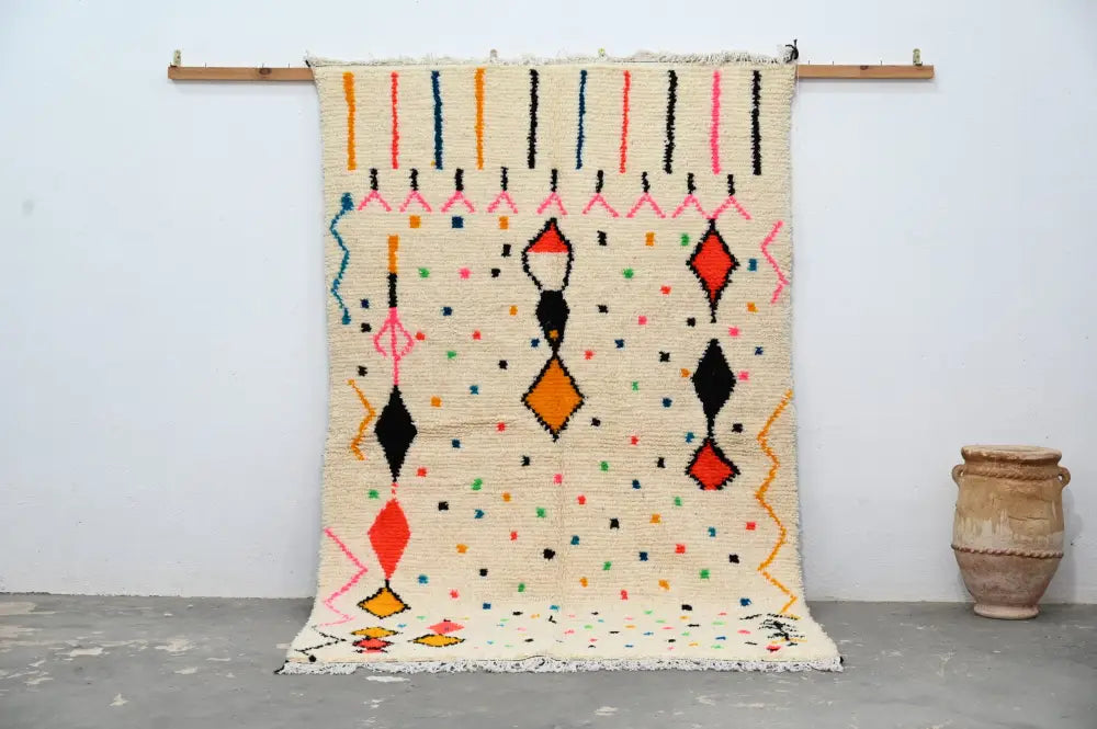 Handmade traditional azilal colorful cream rug bedroom decor