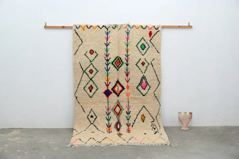 Beige colorful geometric moroccan handmade azilal rug bedroom decor