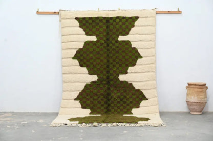 Traditional moroccan handmade cream & green azilal rug bedroom decor