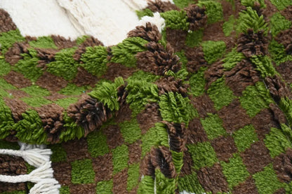 Traditional moroccan handmade cream & green azilal rug bedroom decor