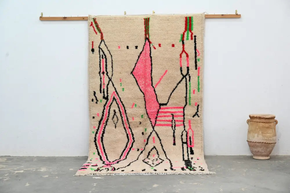 Beige and pink moroccan handmade azilal rug bedroom decor