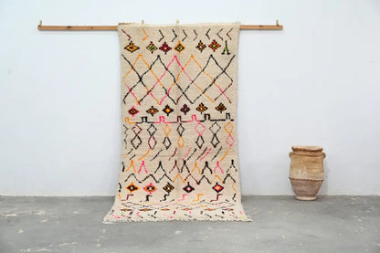 Handmade moroccan azilal rug beige geometric bedroom carpet
