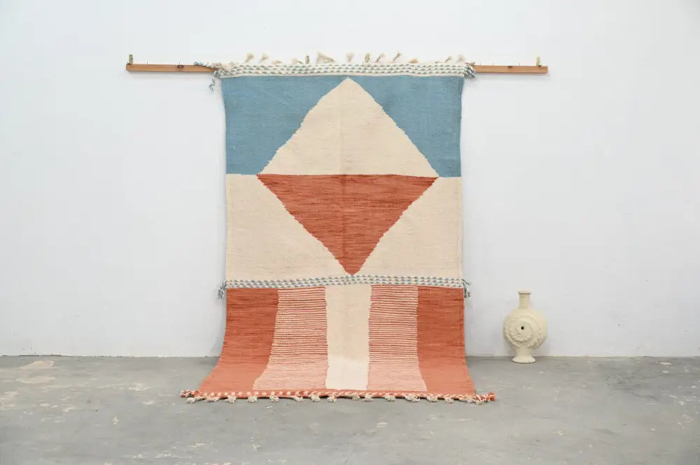 Blue and terracotta moroccan handmade azilal rug bedroom decor
