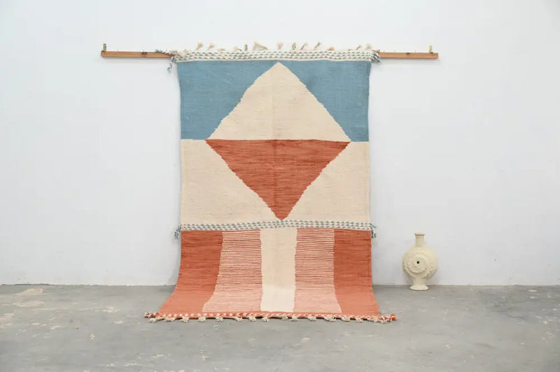 Blue and terracotta moroccan handmade azilal rug bedroom decor