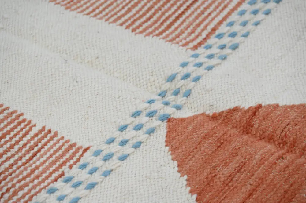 Blue and terracotta moroccan handmade azilal rug bedroom decor