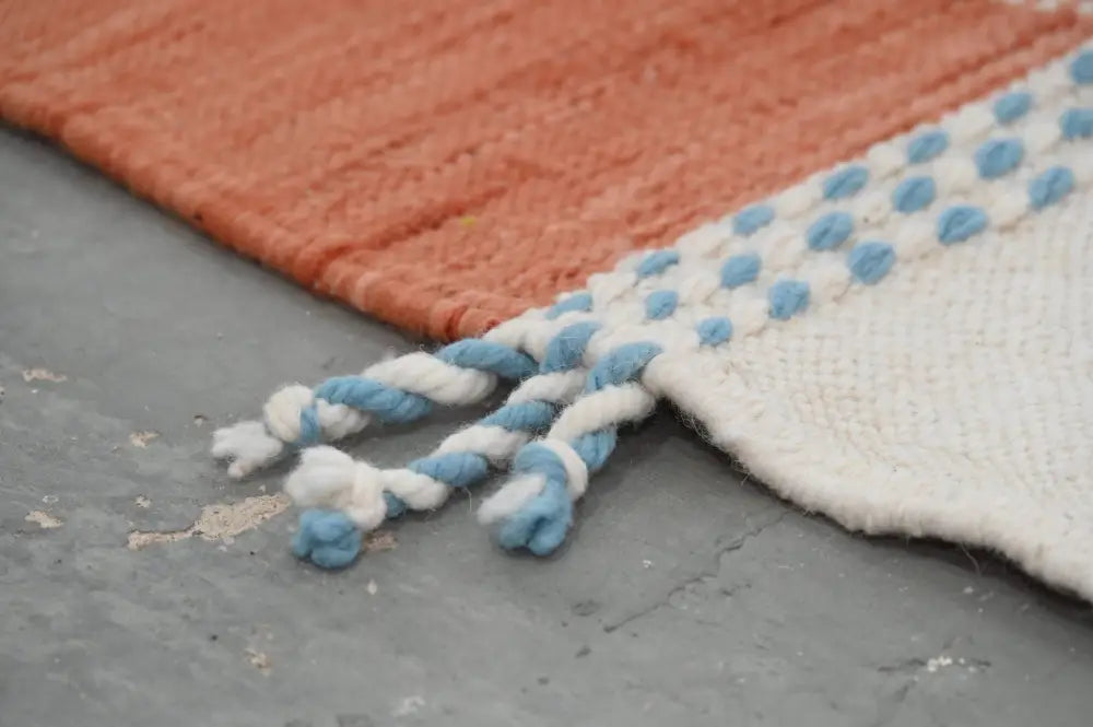 Blue and terracotta moroccan handmade azilal rug bedroom decor