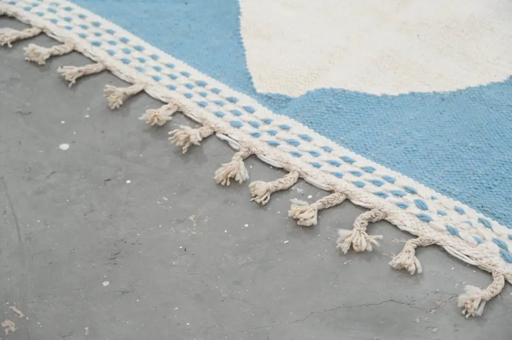 Blue and terracotta moroccan handmade azilal rug bedroom decor