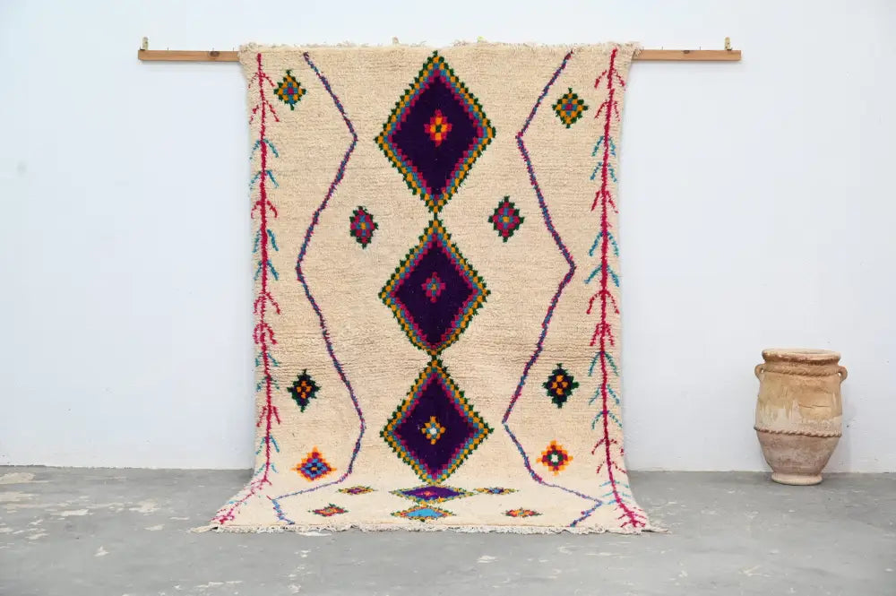 Beige & purple moroccan handmade azilal rug living room decor