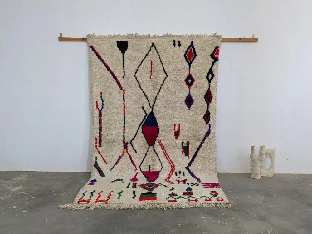 Moroccan handmade geometric beige wool rug – living room decor