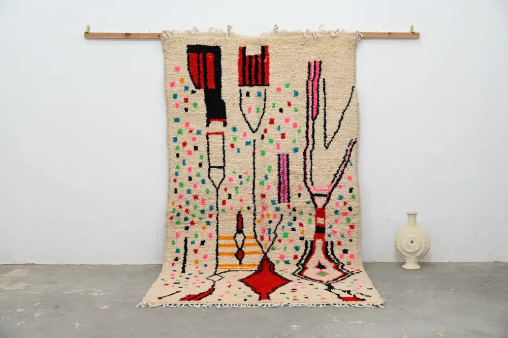Handmade beige abstract azilal rug for living room geometric decor