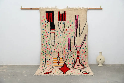 Handmade beige abstract azilal rug for living room geometric decor